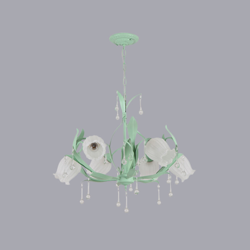 Korean Garden Green/Pink 6/8-Light Flower Chandelier With Frosted Glass Suspension