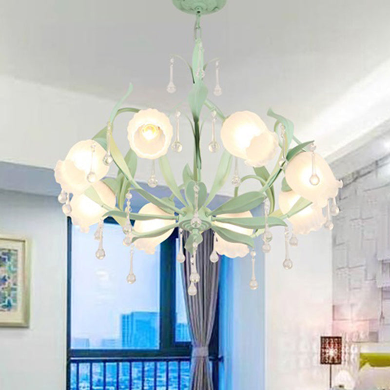 Korean Garden Green/Pink 6/8-Light Flower Chandelier With Frosted Glass Suspension