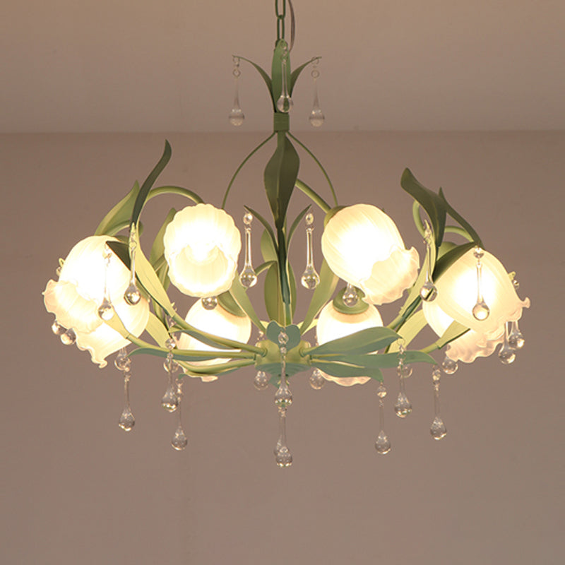 Korean Garden Green/Pink 6/8-Light Flower Chandelier With Frosted Glass Suspension