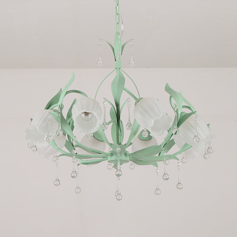 Korean Garden Green/Pink 6/8-Light Flower Chandelier With Frosted Glass Suspension