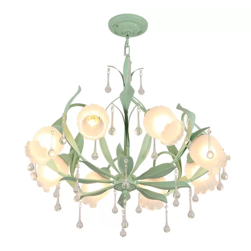 Korean Garden Green/Pink 6/8-Light Flower Chandelier With Frosted Glass Suspension