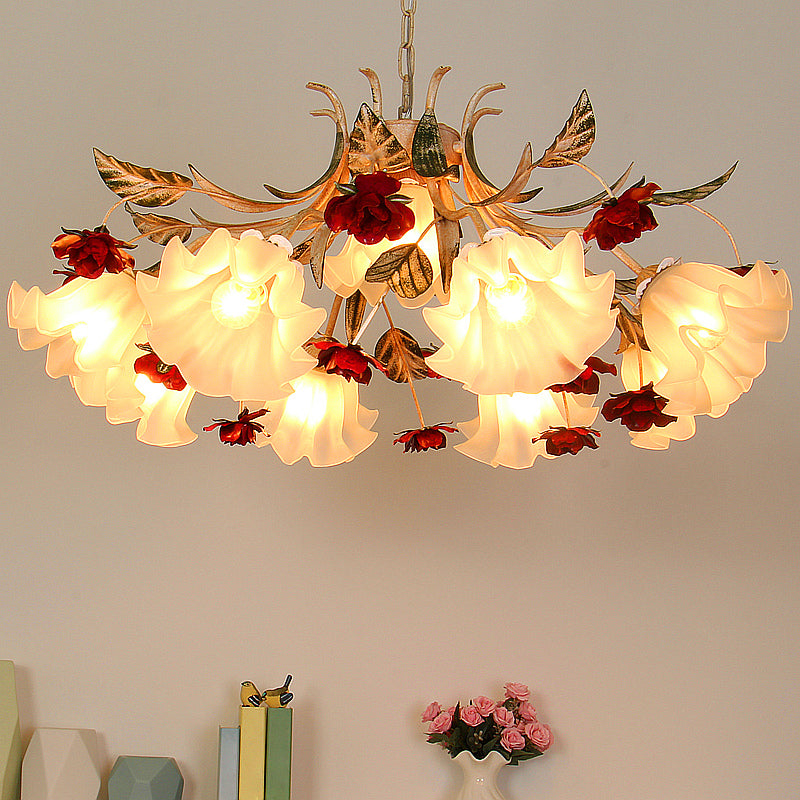 Frosted Glass Chandelier Pendant Light - Korean Garden Beige Floral Childrens Room Lamp (4/6/9-Bulb)