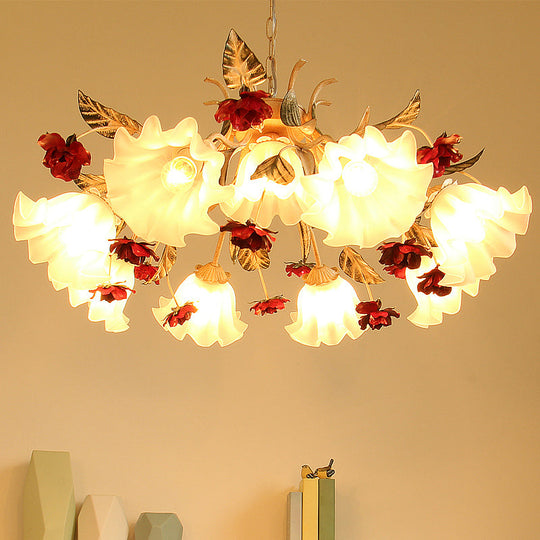 Frosted Glass Chandelier Pendant Light - Korean Garden Beige Floral Childrens Room Lamp (4/6/9-Bulb)