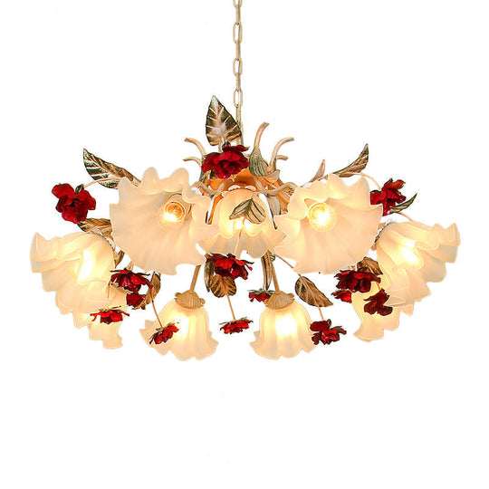 Frosted Glass Chandelier Pendant Light - Korean Garden Beige Floral Childrens Room Lamp (4/6/9-Bulb)