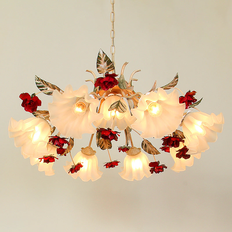 Frosted Glass Chandelier Pendant Light - Korean Garden Beige Floral Childrens Room Lamp (4/6/9-Bulb)