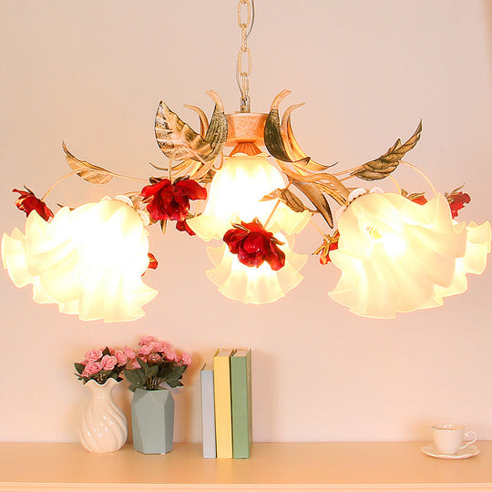 Frosted Glass Chandelier Pendant Light - Korean Garden Beige Floral Childrens Room Lamp (4/6/9-Bulb)