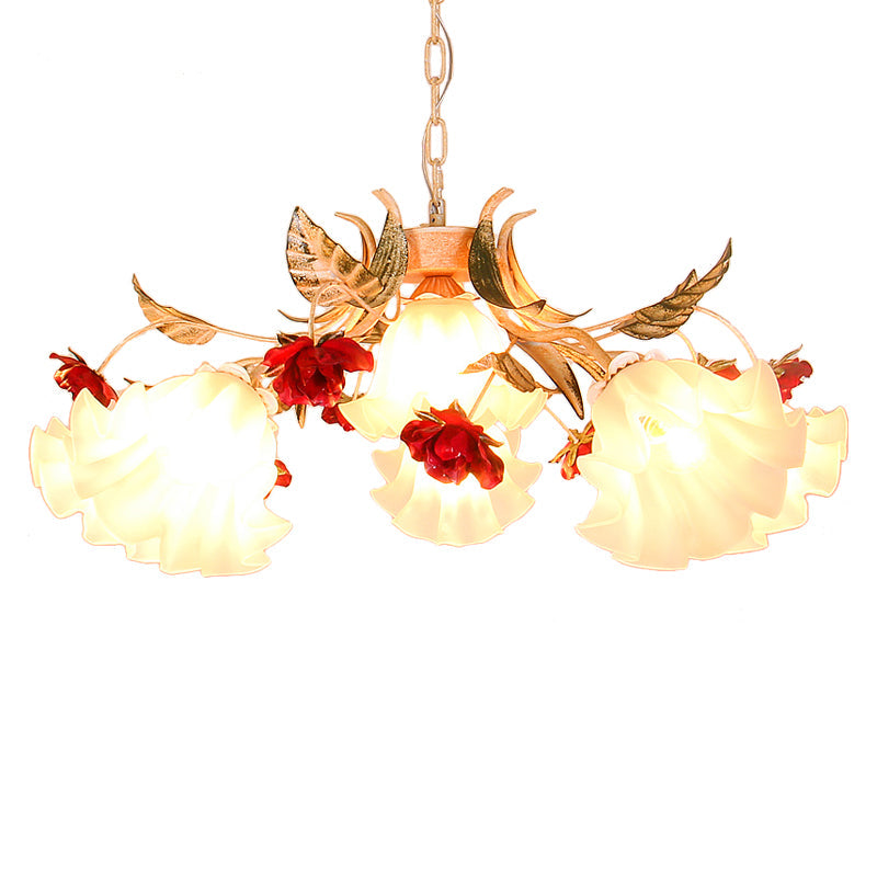 Frosted Glass Chandelier Pendant Light - Korean Garden Beige Floral Childrens Room Lamp (4/6/9-Bulb)