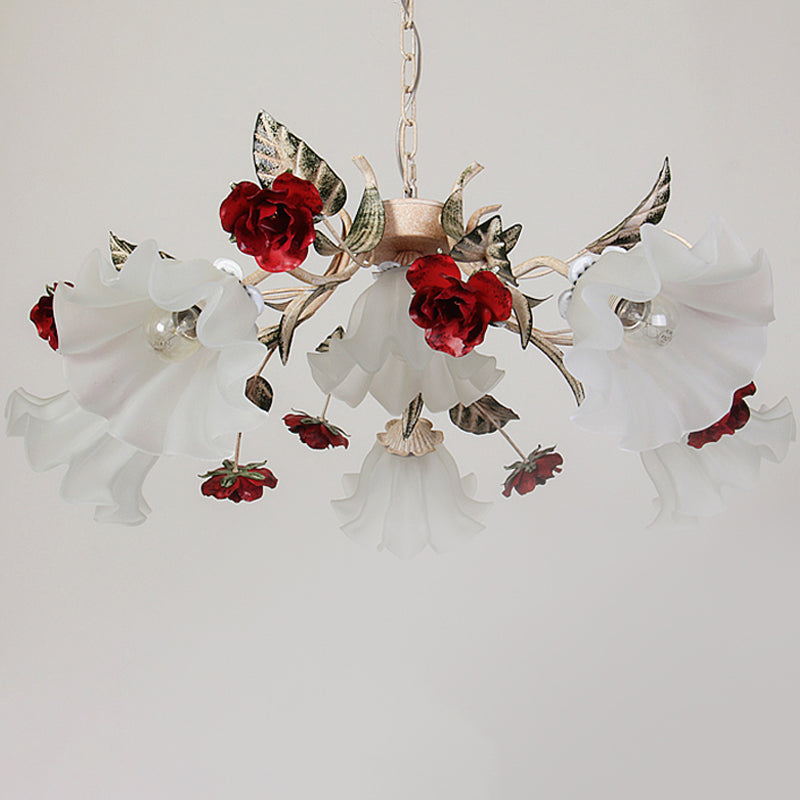 Frosted Glass Chandelier Pendant Light - Korean Garden Beige Floral Childrens Room Lamp (4/6/9-Bulb)