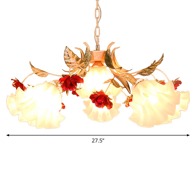 Frosted Glass Chandelier Pendant Light - Korean Garden Beige Floral Childrens Room Lamp (4/6/9-Bulb)