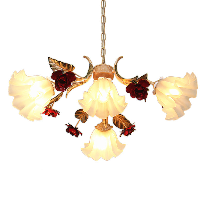 Frosted Glass Chandelier Pendant Light - Korean Garden Beige Floral Childrens Room Lamp (4/6/9-Bulb)