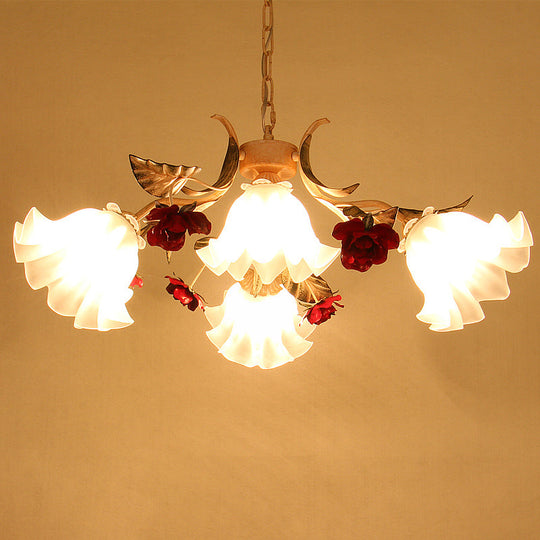 Frosted Glass Chandelier Pendant Light - Korean Garden Beige Floral Childrens Room Lamp (4/6/9-Bulb)