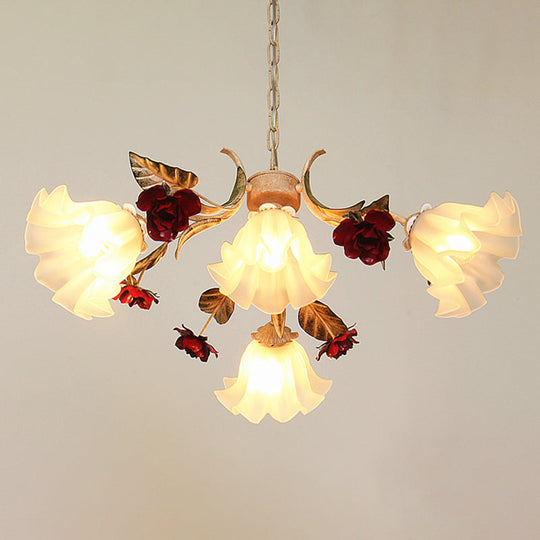 Frosted Glass Chandelier Pendant Light - Korean Garden Beige Floral Childrens Room Lamp (4/6/9-Bulb)