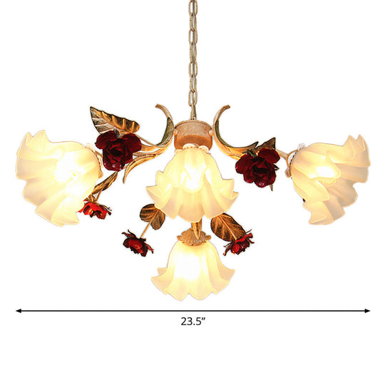 Frosted Glass Chandelier Pendant Light - Korean Garden Beige Floral Childrens Room Lamp (4/6/9-Bulb)