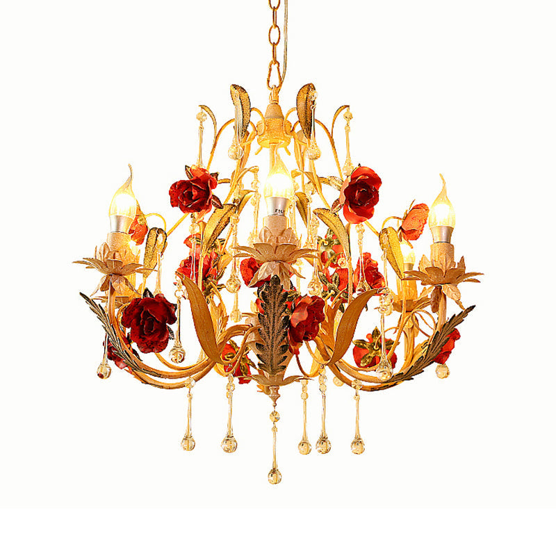 Beige 6-Light Chandelier Lamp: Korean Garden Hanging Pendant Light With Crystal Decor