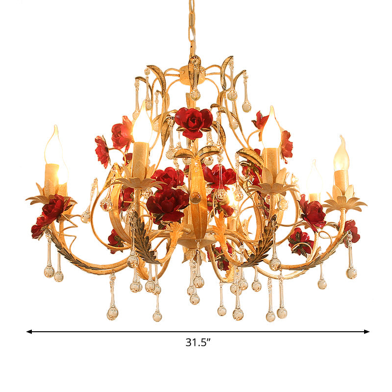 Beige 6-Light Chandelier Lamp: Korean Garden Hanging Pendant Light With Crystal Decor