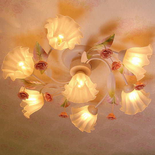 Pastoral Style Floral Semi Flush Mount Ceiling Light with Frosted Glass Shade in White