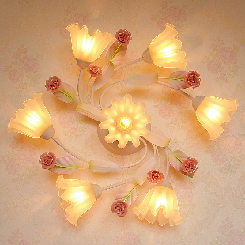 Pastoral Style Floral Semi Flush Mount Ceiling Light with Frosted Glass Shade in White