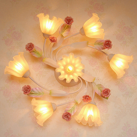 Pastoral Style Floral Semi Flush Mount Ceiling Light with Frosted Glass Shade in White