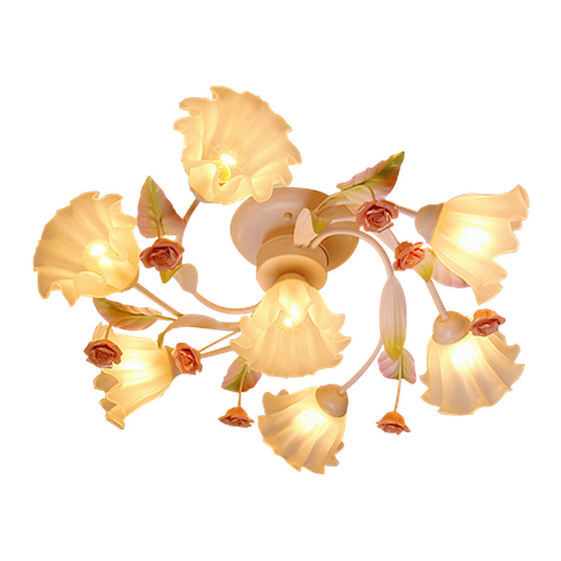 Pastoral Style Floral Semi Flush Mount Ceiling Light with Frosted Glass Shade in White