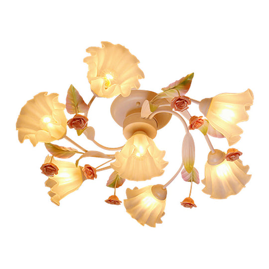 Pastoral Style Floral Semi Flush Mount Ceiling Light with Frosted Glass Shade in White