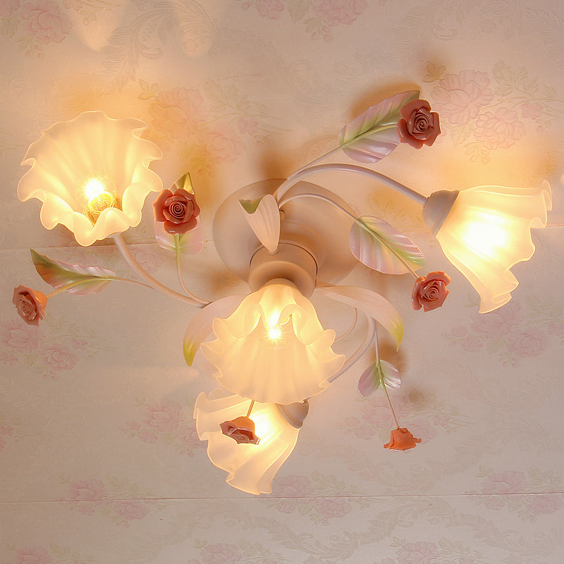 Pastoral Style Floral Semi Flush Mount Ceiling Light with Frosted Glass Shade in White