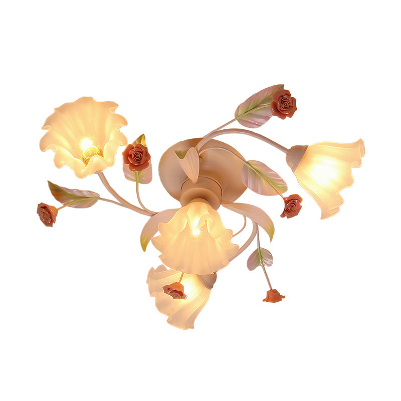 Pastoral Style Floral Semi Flush Mount Ceiling Light with Frosted Glass Shade in White