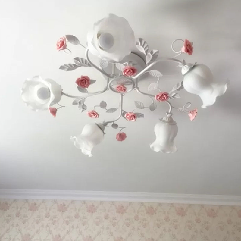 Korean Garden Floral Semi Flush Mount Ceiling Light - 5 Bulbs Frosted White Glass For Bedroom