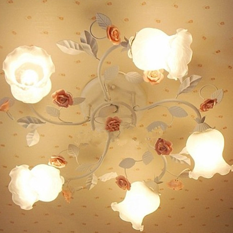 Korean Garden Floral Semi Flush Mount Ceiling Light - 5 Bulbs Frosted White Glass For Bedroom