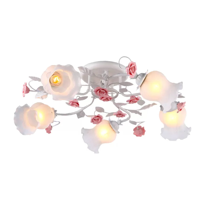 Korean Garden Floral Semi Flush Mount Ceiling Light - 5 Bulbs Frosted White Glass For Bedroom