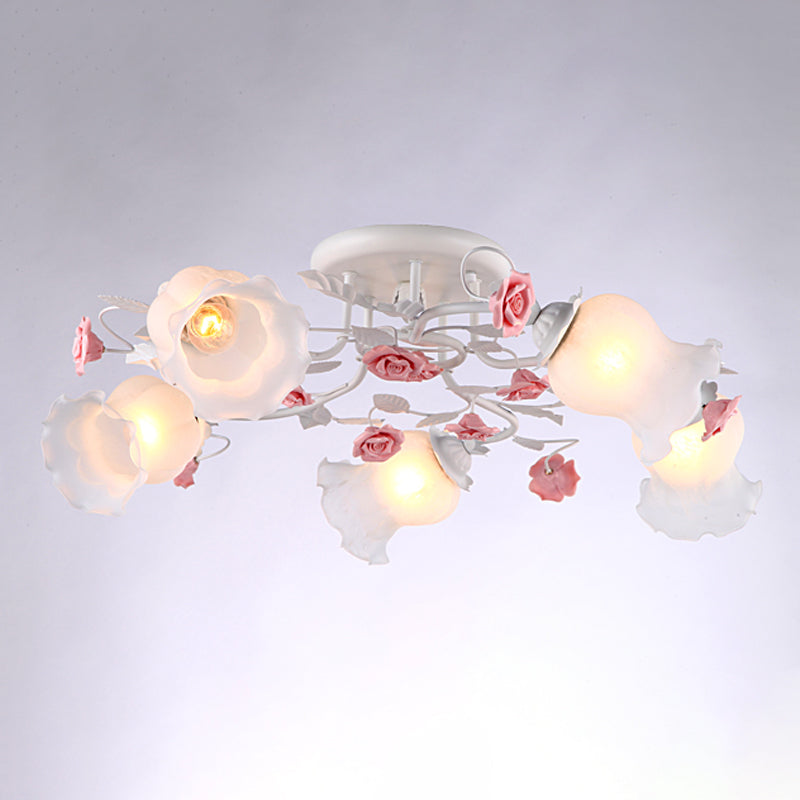 Korean Garden Floral Semi Flush Mount Ceiling Light - 5 Bulbs Frosted White Glass For Bedroom