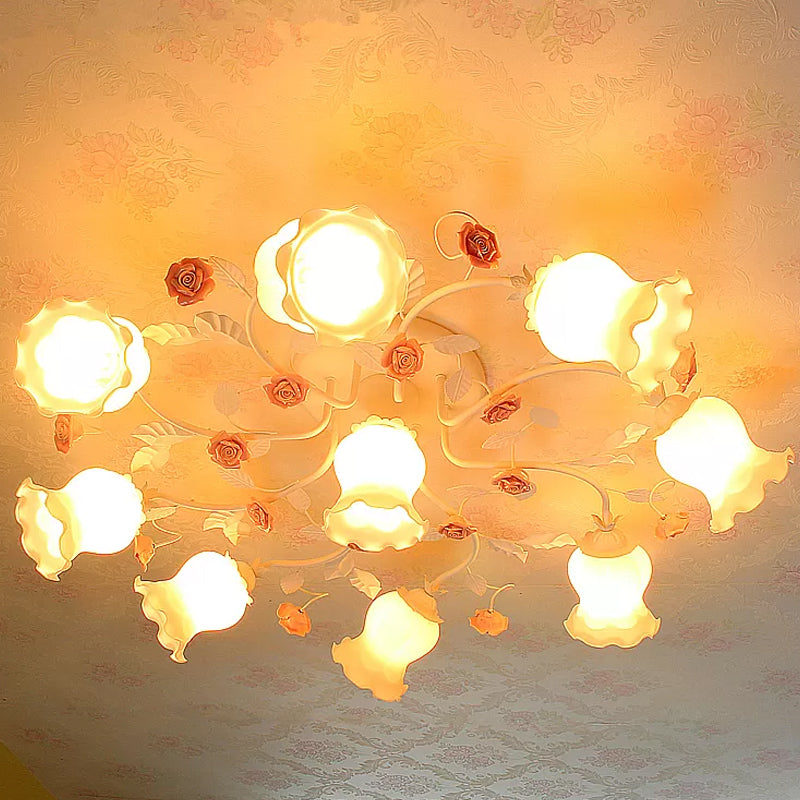 Frosted Cream Glass Ruffle Ceiling Light - 9 Lights, Semi Flush Mounted Lamp for Bedrooms - Pink/Green Countryside Design