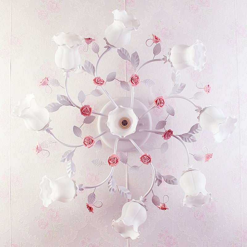 Frosted Cream Glass Ruffle Ceiling Light - 9 Lights, Semi Flush Mounted Lamp for Bedrooms - Pink/Green Countryside Design