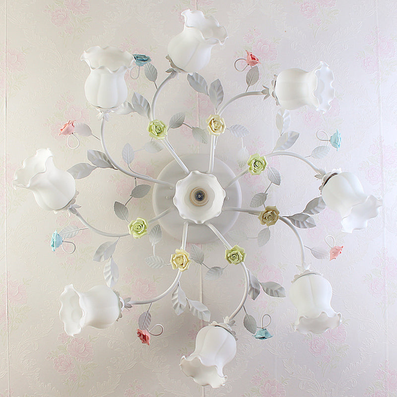 Frosted Cream Glass Ruffle Ceiling Light - 9 Lights, Semi Flush Mounted Lamp for Bedrooms - Pink/Green Countryside Design