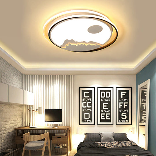 Modern Acrylic Mountain Sun Led Ceiling Mount Light - White Fixture For Kids Bedrooms