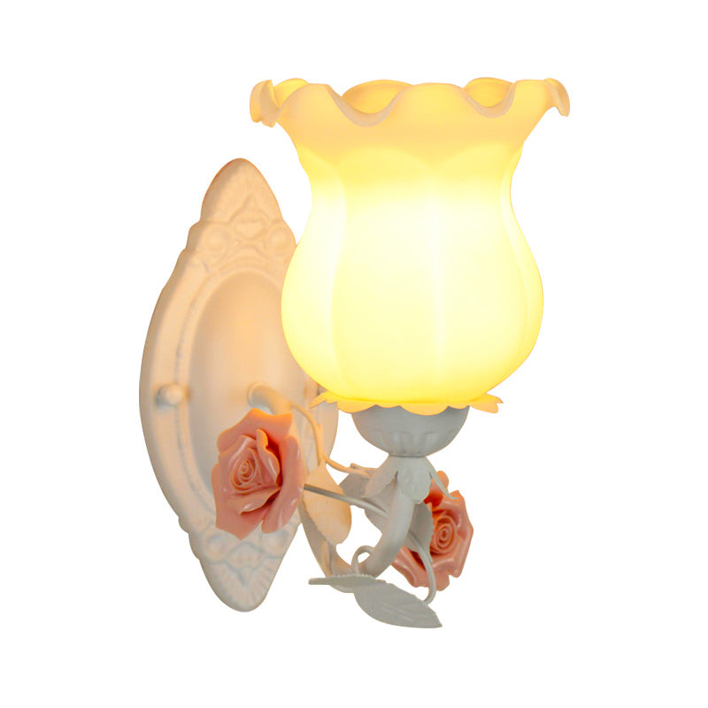 American Garden 1-Light Wall Sconce - Pink/Green/Blue Frosted White Glass Floral Design Pink