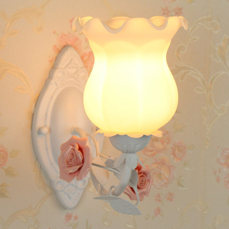 American Garden 1-Light Wall Sconce - Pink/Green/Blue Frosted White Glass Floral Design