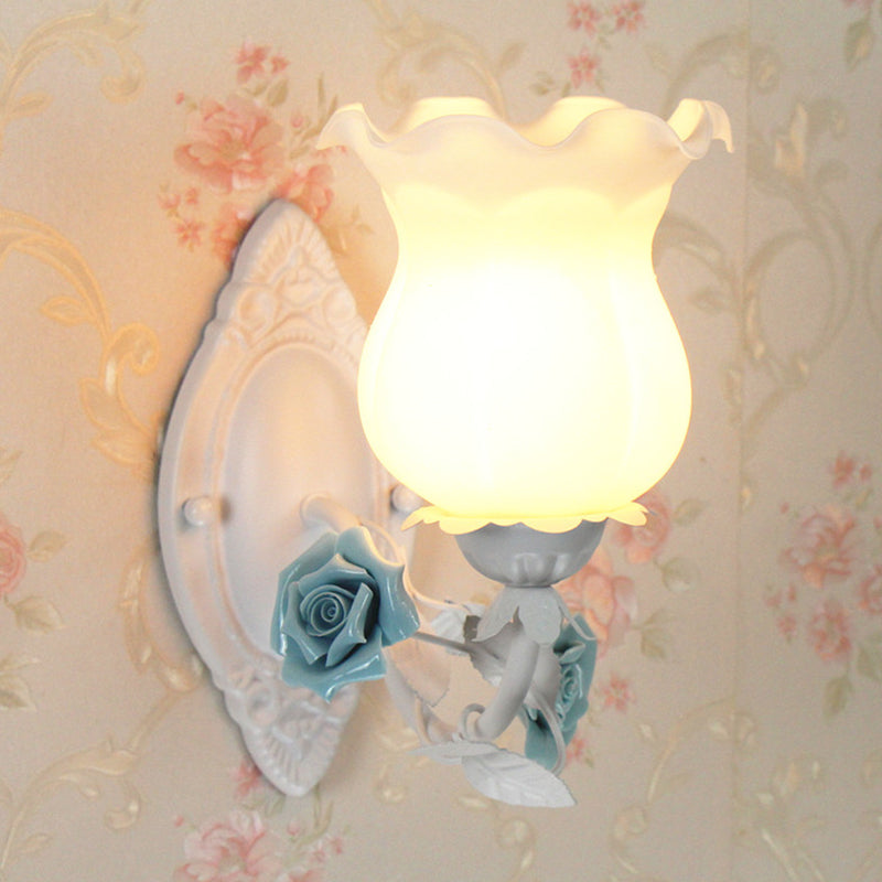 American Garden 1-Light Wall Sconce - Pink/Green/Blue Frosted White Glass Floral Design Blue