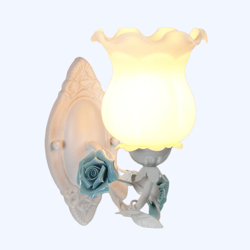 American Garden 1-Light Wall Sconce - Pink/Green/Blue Frosted White Glass Floral Design