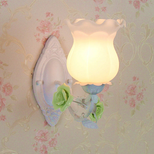 American Garden 1-Light Wall Sconce - Pink/Green/Blue Frosted White Glass Floral Design Green