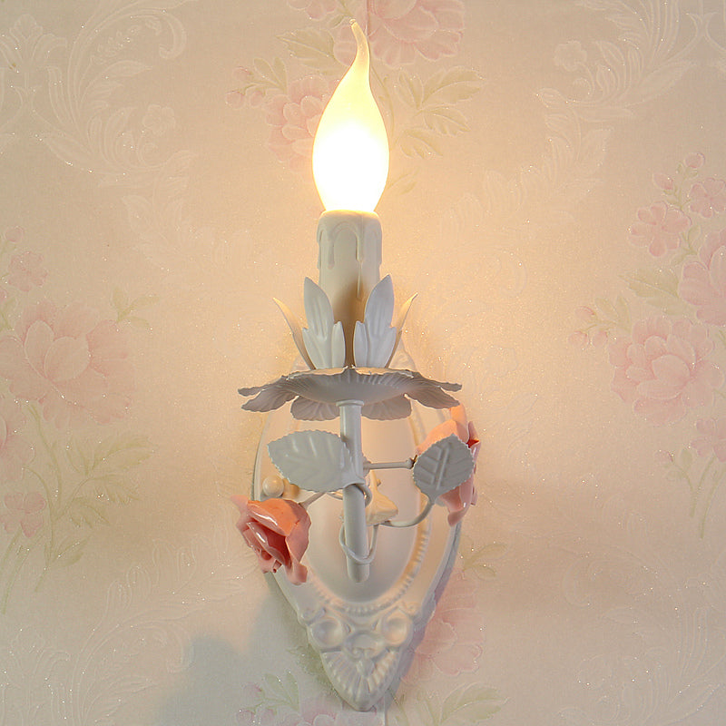 Pastoral Metallic Candle Wall Sconce: Blue/Pink 1-Light Lamp With Flower Deco Pink