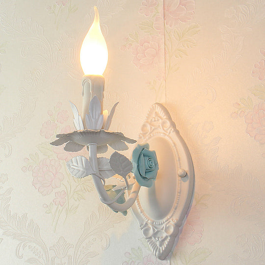 Pastoral Metallic Candle Wall Sconce: Blue/Pink 1-Light Lamp With Flower Deco Blue