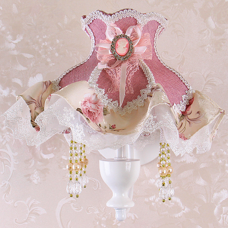 Pink Fabric Wall Mounted Lamp With Curved Arm And Crystal Deco - American Garden Inspired 1-Light