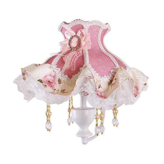 Pink Fabric Wall Mounted Lamp With Curved Arm And Crystal Deco - American Garden Inspired 1-Light