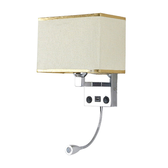 Modern Cuboid Wall Lamp With Usb Port Spotlight And Fabric Shade (Black/White/Flaxen)