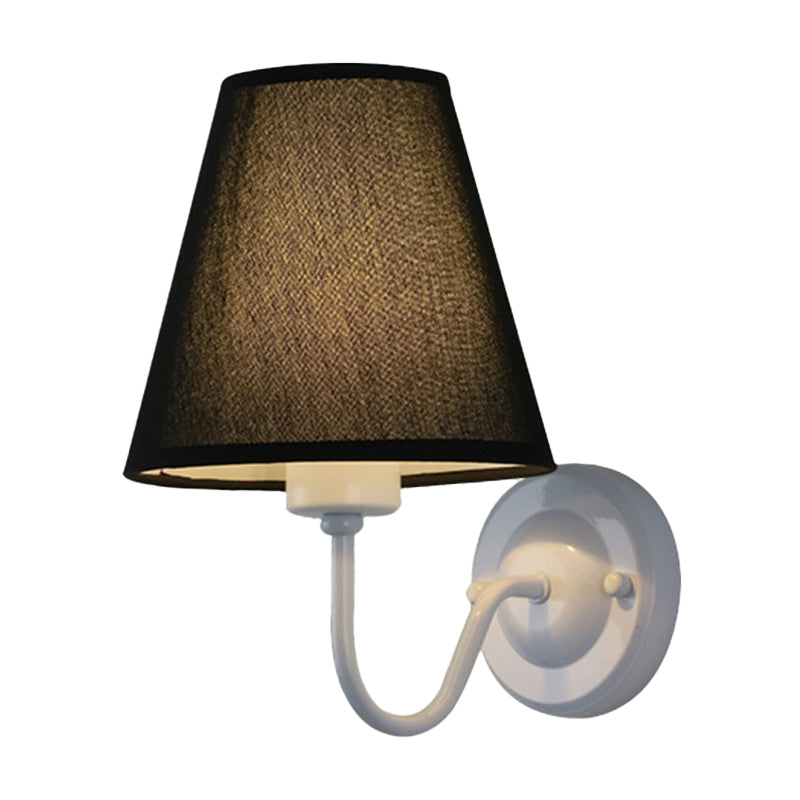 Nordic Cone Wall Lamp - 1-Light Fabric Lighting With Curved Arm In Black/White Black/Brown/Beige