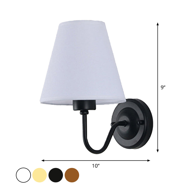 Nordic Cone Wall Lamp - 1-Light Fabric Lighting With Curved Arm In Black/White Black/Brown/Beige