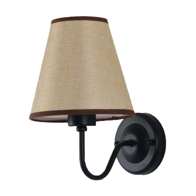 Nordic Cone Wall Lamp - 1-Light Fabric Lighting With Curved Arm In Black/White Black/Brown/Beige