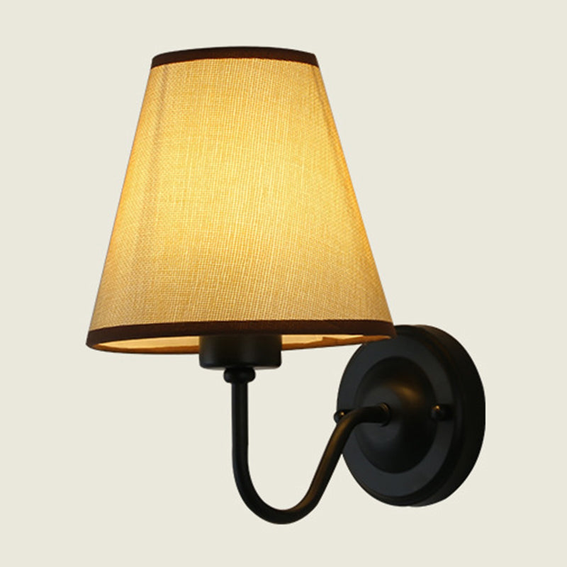 Nordic Cone Wall Lamp - 1-Light Fabric Lighting With Curved Arm In Black/White Black/Brown/Beige