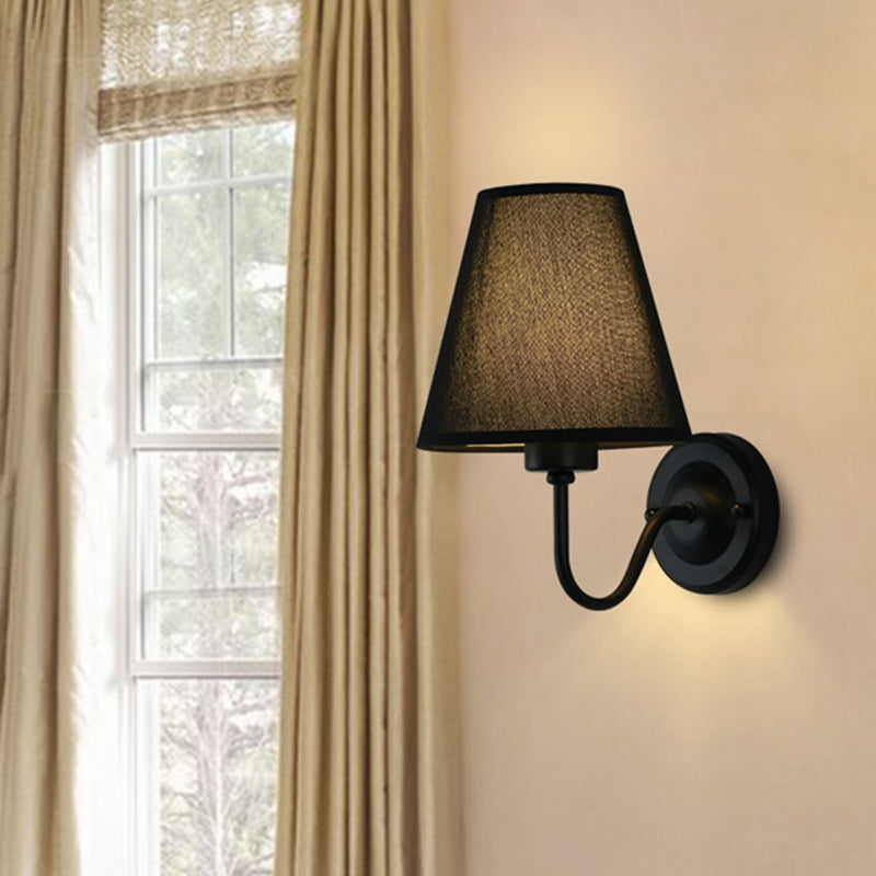 Nordic Cone Wall Lamp - 1-Light Fabric Lighting With Curved Arm In Black/White Black/Brown/Beige