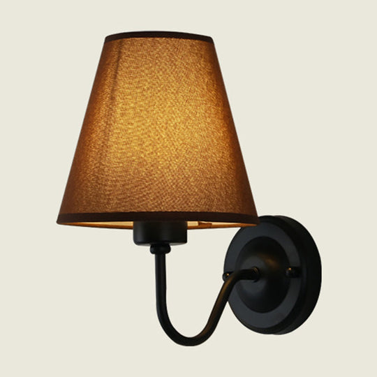 Nordic Cone Wall Lamp - 1-Light Fabric Lighting With Curved Arm In Black/White Black/Brown/Beige